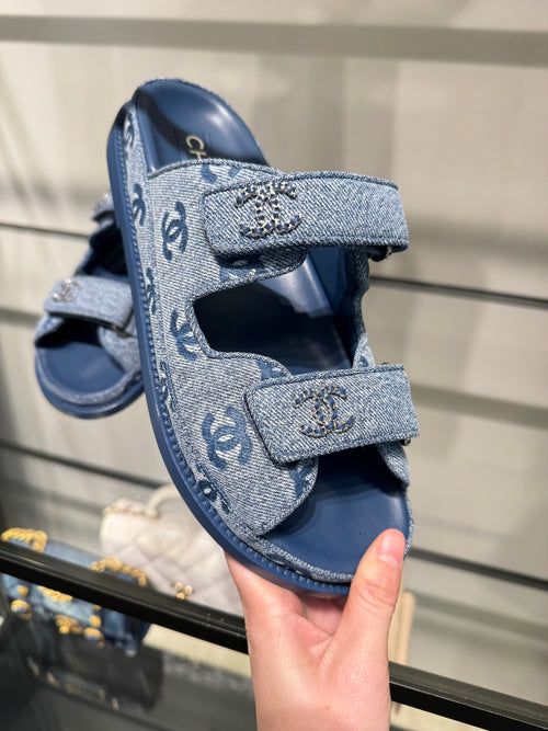 CHANEL Denim CC Velcro Strap Slide | Chanel Sandals (Denim Blue)