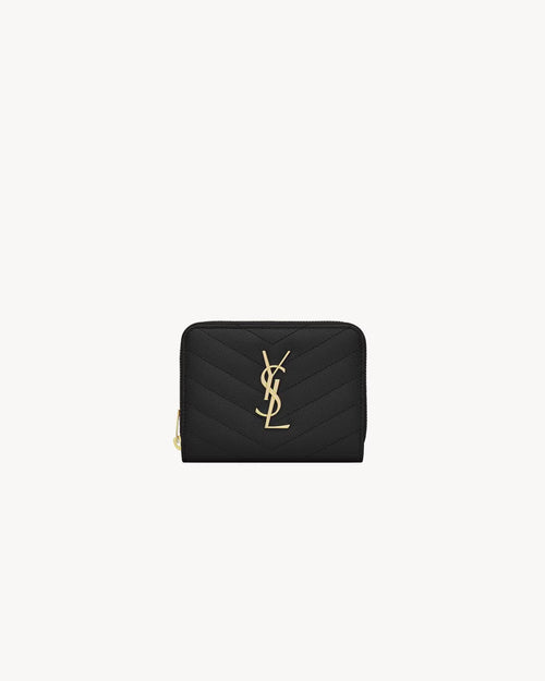 YSL SAINT LAURENT Cassandre Matelasse Compact Zip Around Wallet In Grain Leather | Saint Laurent Zip Around Wallet (Black)